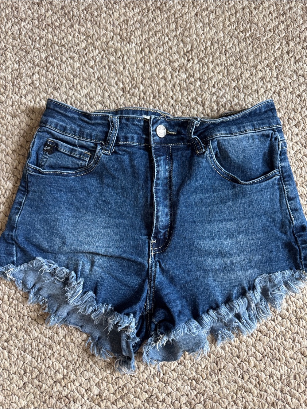 KanCan Dark Blue High-Rise Denim Shorts with Frayed Hem